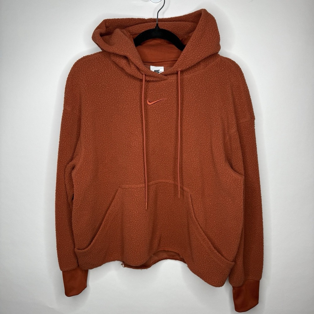Nike Plush Fleece Pullover Hoodie Women Small Orange Sherpa Cropped Oversized